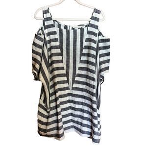 Soft Surroundings Top 1X Multicolor Stripe Linen Blend Cold Shoulder Lagenlook